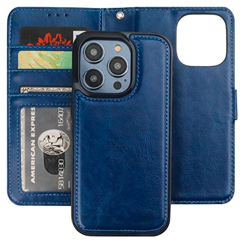 Bocasal Detachable Wallet Case Card Holder for iPhone 14 Pro, Blue | RFID Blocking Kickstand Card Slots Holder PU Leather Magnetic Shockproof Wrist Strap Removable Flip Protective Cover 6.1 inch - color: Blue