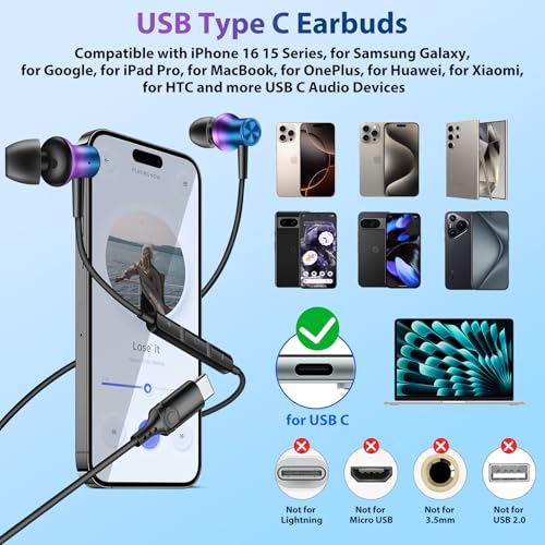 COOYA USB C Headphones for iPhone 17 18 Pro Max/iPad Wired Earbuds Purple - color: Purple