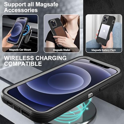 YKHJKLEC for iPhone 12/12 Pro Case, Compatible with Magsafe, Military Grade 3 in 1 Heavy Duty Shockproof/Drop Proof/Dust Proof with 2Pcs Tempered Glass Screen Protector (New-Black/Grey) - color: New-Black/Grey