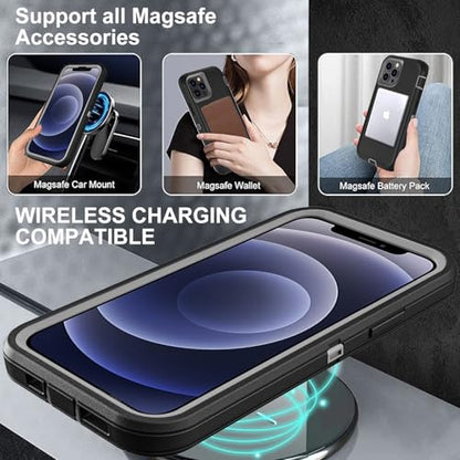 YKHJKLEC for iPhone 12/12 Pro Case, Compatible with Magsafe, Military Grade 3 in 1 Heavy Duty Shockproof/Drop Proof/Dust Proof with 2Pcs Tempered Glass Screen Protector (New-Black/Grey) - color: New-Black/Grey