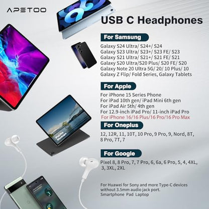 USB C Headphones for iPhone 18 Pro Max 17 16 15/Galaxy S26 FE Wired Earbuds - color: White
