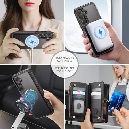 Defencase for Galaxy S25 Case Wallet Compatible with Magsafe 6.2", Black | Magnetic Detachable, with RFID Bolcking Card Holder, Zipper Strap, PU Leather Drop-Proof Phone Cover for Samsung Galaxy S25 - color: (Detachable with Magsafe)-Black
