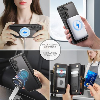 Defencase for Galaxy S25 Case Wallet Compatible with Magsafe 6.2", Black | Magnetic Detachable, with RFID Bolcking Card Holder, Zipper Strap, PU Leather Drop-Proof Phone Cover for Samsung Galaxy S25 - color: (Detachable with Magsafe)-Black