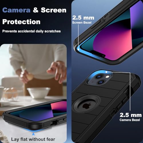 for iPhone 14 Case & iPhone 13 Case, Military-Grade Drop Protection 3-Layer Rugged Shell with Screen Protector, Full-Body Non-Slip Shockproof Heavy Duty Protective Bumper Phone Cover (Black) - color: Black