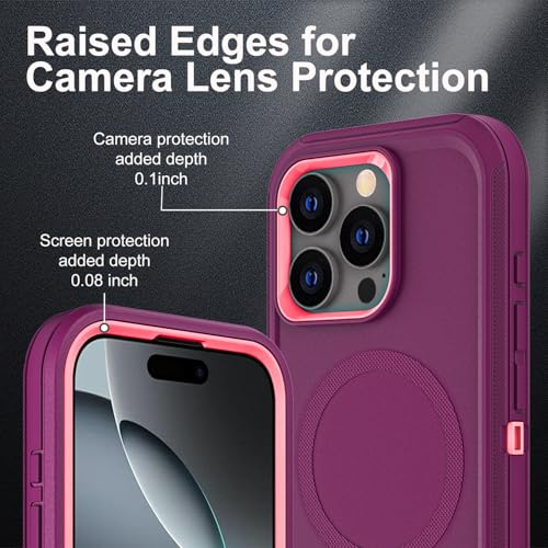 YKHJKLEC for iPhone 16 Pro Case, Compatible with Magsafe, Military Grade 3 in 1 Heavy Duty Shockproof/Drop Proof/Dust Proof Case with 2Pcs Tempered Glass Screen Protector (New-Purple/Pink) - color: New-Purple/Pink