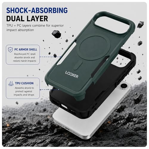 LOOXER® Heavy Duty Rugged Magnetic Case for iPhone 17 Air (6.5”) | Military Grade Shockproof Protection,MagSafe Compatible+ Tempered Glass Included (Green, 17 Air) - color: Green, size: 17 Air