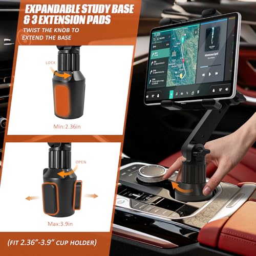 Cup Holder Tablet Mount for Car & Truck, Heavy Duty iPad Holder for Car, 15" Long Dual-Arm Adjustable Tablet Car Mount for iPad Pro 12.9/11/Air/Mini, Galaxy Z Fold 6/5/4, iPhone 17-11 (4.7-12.9")