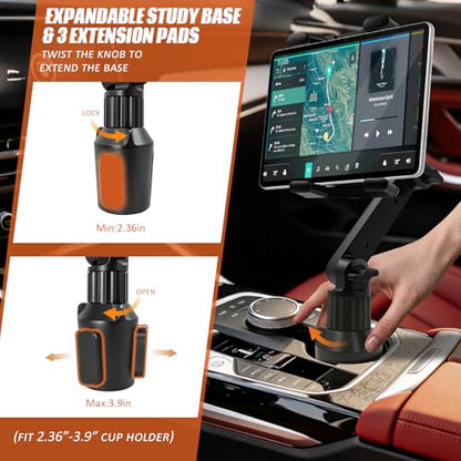 Cup Holder Tablet Mount for Car & Truck, Heavy Duty iPad Holder for Car, 15" Long Dual-Arm Adjustable Tablet Car Mount for iPad Pro 12.9/11/Air/Mini, Galaxy Z Fold 6/5/4, iPhone 17-11 (4.7-12.9")