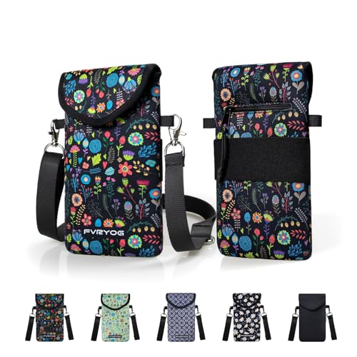 Neoprene Phone Sleeve Pouch Case Bag for Men Women w/Crossbody Strap/Neck Lanyard for iPhone 17/16/15/14 Pro Max, Samsung S25，Pixel 10 - color: Black Flower Cell Phone Sleeves