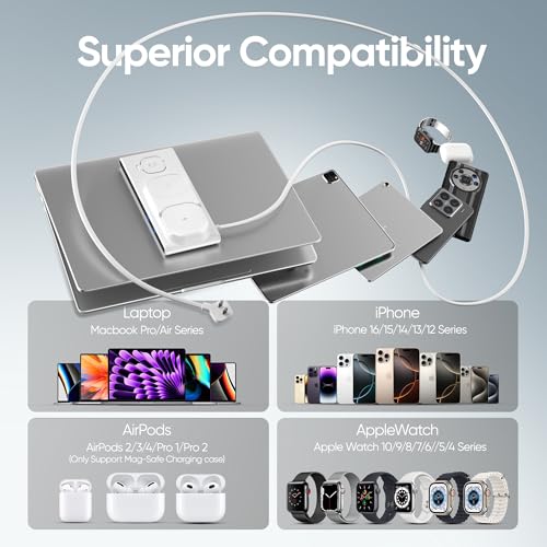 7-in-1 Wireless Charging Station for Apple Devices, ACOZVIN Magnetic Wireless Charger &4 USB Ports(PD65W USB-C), 5FT Cord Flat Plug, Foldable Charger Stand for MacBook,iPhone 16/15/14, iWatch &AirPods