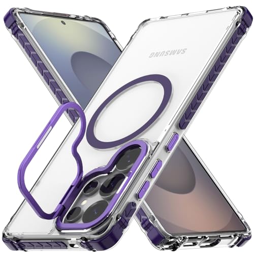 Nvollnoe for Samsung S25 Ultra Case Compatible with MagSafe Military Grade Shockproof Heavy Duty Protective Adjustable Kickstand Ultra Clear Magnetic Phone Case for Samsung S25 Ultra(Purple) - color: Clear-Purple
