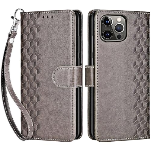 for iPhone 13 Pro Wallet case, Gray-Cube | 3 Card Holders, Kickstand, Shockproof TPU Shell, PU Leather, Magnetic Closure, Protective Flip Folio Cover, Women - color: 10