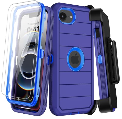 KECAI for iPhone 16e Case with Belt Clip Holster,Screen Protector X2,Heavy Duty Shockproof Drop Protection Military Grade 3 Layers Full Covered Rugged Durable Phone Cover for Apple 16e (Blue) - color: Blue