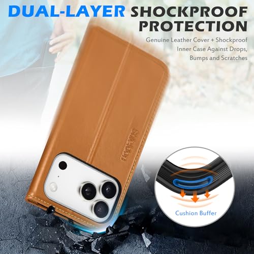 SHIELDON Real Leather Wallet Case for iPhone 17 Pro 6.3", Retro Light Brown | Magnetic Closure, RFID Blocking, Credit Card Slot, Kickstand, Flip Book Design, Shockproof Phone Cover - color: Retro Light Brown
