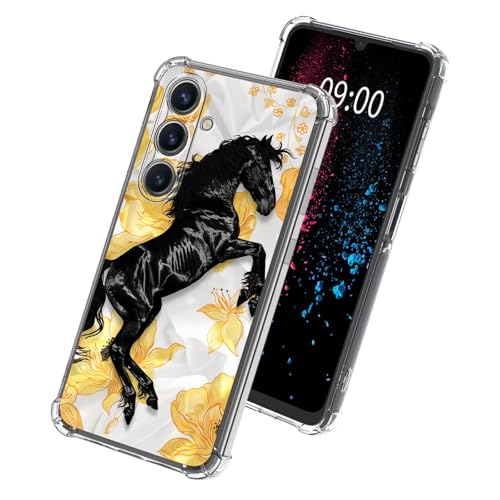 Black Horses Yellow Flowers Phone Case for Samsung Galaxy S24, Clear Soft TPU Case with Shockproof Corners Slim Transparent Protective Cover for Galaxy S24 - color: Black Horses Yellow Flowers, size: 6.2" Galaxy S24