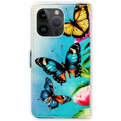 RFID Safe Case for iPhone 15 Pro Max,RFID Blocking,Blue/Gold Butterflies Leather Flip Phone Case Wallet Cover with Card Slot Holder Kickstand for iPhone 15 Pro Max - color: Blue/Gold Butterflies