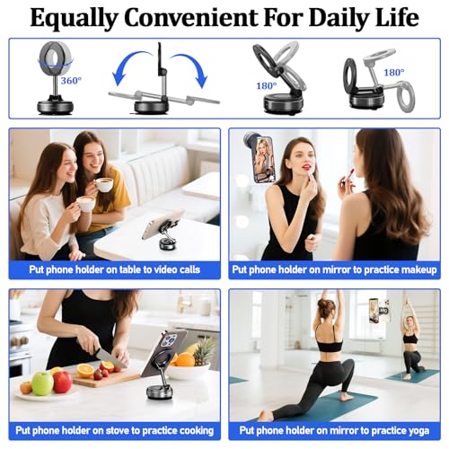 Vacuum Magnetic Car Phone Holder Stand,Reinforced Ultra-Strong Vacuum Suction Cup,360° Rotation&Foldable,Universal Dashboard Windshield/Gym/Mirror/Kitchen Phone Stand,for All iPhone Series&All Android