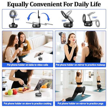 Vacuum Magnetic Car Phone Holder Stand,Reinforced Ultra-Strong Vacuum Suction Cup,360° Rotation&Foldable,Universal Dashboard Windshield/Gym/Mirror/Kitchen Phone Stand,for All iPhone Series&All Android