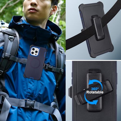 Magnetic for iPhone 14 Pro Max Case with Belt Clip and Kickstand | Military Grade Drop Protection Case for iPhone 14 Pro Max, with 360°Rotating Kickstand, Navy Blue 6.7" - color: Navy+Blue