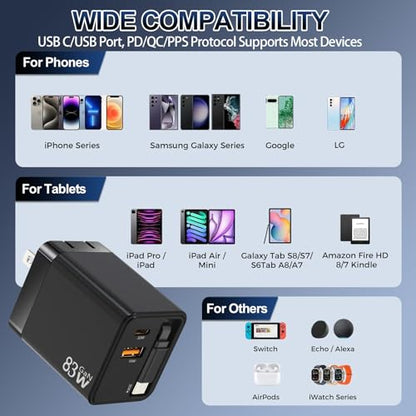 Retractable Charger, 83W Retractable USB C Charger with Type-C Cable and QC18W PD30W Port, PD PPS Fast Charging Block with Foldable Plug for iPhone 17 16 15 14 13 12 11, Galaxy, LG, Pixel, Tablet