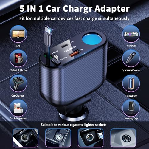 OHLPRO Retractable Car Charger Cigarette Lighter Adapter, 168W 5 in 1 Fast Phone Charging Built-in Replaceable Fuse, Socket Splitter with USB C and USB i Cord, Fit for Phone iPad Galaxy GPS, Blue - size: USB-C+USB-I