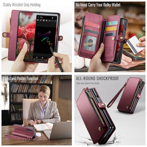Defencase for Samsung Galaxy Z Fold 4 Wallet Case with Card Holder, WineRed | Durable Soft PU Leather, RFID Blcking Zipper Pocket, with S-Pen Holder & Strap, Flip Phone Cases with Stand for Women Men - color: Wine Red
