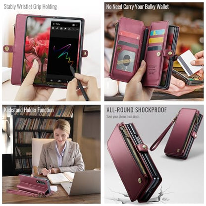 Defencase for Samsung Galaxy Z Fold 4 Wallet Case with Card Holder, WineRed | Durable Soft PU Leather, RFID Blcking Zipper Pocket, with S-Pen Holder & Strap, Flip Phone Cases with Stand for Women Men - color: Wine Red