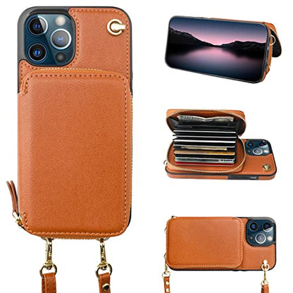 Bocasal Multi-Slot Crossbody Wallet Case for iPhone 12 Pro Max, Brown | RFID Blocking PU Leather Purse Case with Card Holder, Handbag Flip Cover with Zipper Wrist Strap Lanyard for Women 6.7 Inch - color: Brown