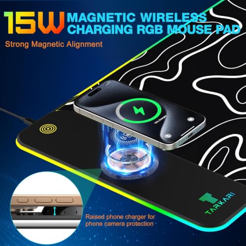 TARKARI 15W Magnetic Wireless Charging RGB Mouse Pad, 800x300mm Topographic - color: Black White