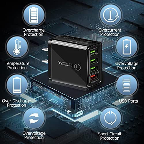 USB Charger 40W QC3.0 USB Wall Charger, 5V/3.1A 4 Port Fast Charger Block - color: (4*USB)Black