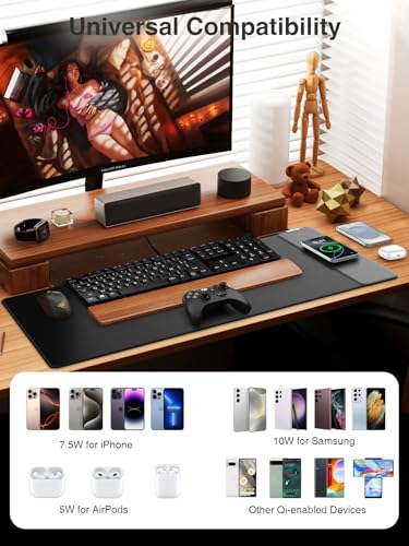 Wireless Charging Mouse Pad, 31.5"x15.8" Large Desk Mat, Smooth Glide - color: Black-31.5"x15.8"-Right
