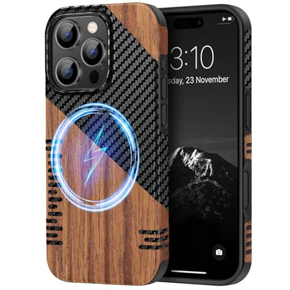 TENDLIN Magnetic Case Compatible with iPhone 16 Pro Phone Case Wood Grain with Carbon Fiber Texture Design Leather Hybrid Slim Cover (Compatible with MagSafe) Twill - color: Magnetic Twill, size: iPhone 16 Pro