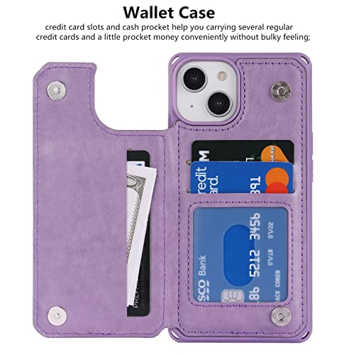 iCoverCase Compatible with iPhone 14 Wallet Phone Case with Card Holder for Women, RFID Blocking Embossed PU Leather Wrist Strap Case 6.1 Inch (Heart Purple) - color: H-Purple
