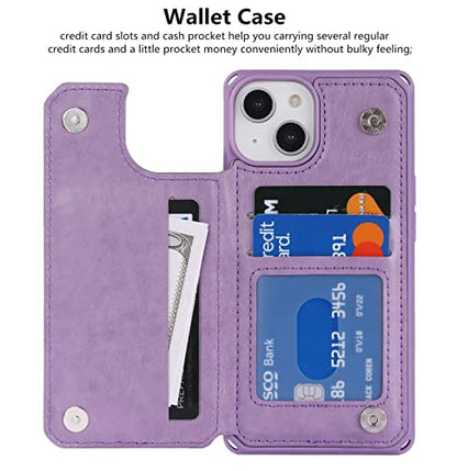 iCoverCase Compatible with iPhone 14 Wallet Phone Case with Card Holder for Women, RFID Blocking Embossed PU Leather Wrist Strap Case 6.1 Inch (Heart Purple) - color: H-Purple