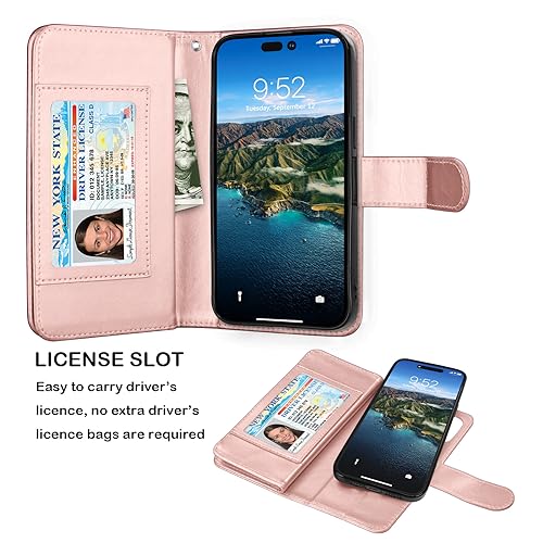NJJEX iPhone 15 Pro Wallet Case, 9 Card Slots, Rose Gold | PU leather, ID Credit Card Holder, detachable folio flip, magnetic cover, kickstand, lanyard included - color: Rose Gold