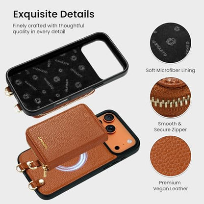 ORNARTO Magnetic Detachable Wallet Case for iPhone 17 Pro Max, Brown | Compatible with MagSafe, Crossbody Wallet Case with Card Holder Wrist Strap, RFID Blocking PU Leather Wallet Phone Cover 6.9” - color: Brown