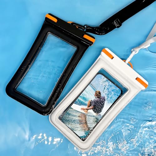 IPX8 Floating Waterproof Dry Bag 2-Pack,7.2 Inch Waterproof Phone Pouch for iPhone 16/15/14 Pro Max Galaxy S24/S23 Adjustable Lanyard + Wrist Strap Beach Swimming Travel Essentials - color: black+white+ Orange