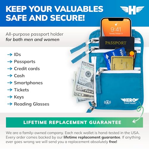 HERO Neck Wallet - RFID Blocking Passport Holder, Easy to Conceal Travel Pouch (Aqua) - color: Aqua