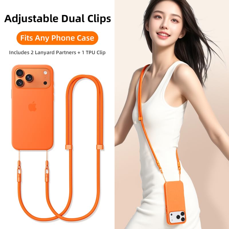 Phone Lanyard Phone Strap Crossbody Compatible with iPhone 17/Air/Pro/Max All Phone Cases with 2 Charms Dual Holes TPU Tab 360° Hook Adjustable Hands-Free Shoulder Neck Camera Strap Anti Theft Orange - color: A-orange