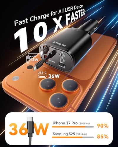 SUPERONE 90W Retractable Car Charger with Dual Cables Car Phone Charger - color: Black