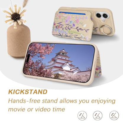 Ｈａｖａｙａ for iPhone 16 Case Wallet with Card Holder Keychain Ring Stand PU Leather Phone case Floral Flower with Credit Card Slots Women Men-Beige Flower 2 - color: Beige[floral flower2]