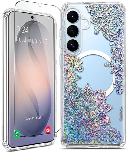 Magnetic for Samsung Galaxy S26 Plus Case, Compatible with MagSafe, Cute for Women Girls, 10FT Military Grade Protective Cover for Galaxy S26 Plus Case Glitter, Clear Bling Lace Mandala - size: 6.7 inch (for Galaxy S26 Plus)