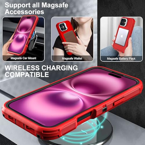 YKHJKLEC for iPhone 16 Plus Case, Military Grade 3 in 1 Heavy Duty Shockproof/Drop Proof/Dust Proof with Kickstand Case, with 2 x Tempered Glass Screen Protector & 1 x Wrist Strap (ZJ-Red/Black) - color: ZJ-Red/Black