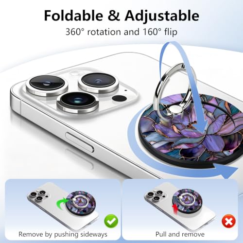 Magnetic Phone Ring Holder with MagSafe, 360° Rotation Super Magnet Finger Grip Removable Kickstand, Cute Stained Glass Floral Designed Stand for iPhone 17 16 15 14 13 12 Pro Max Plus, Lotus - color: Lotus