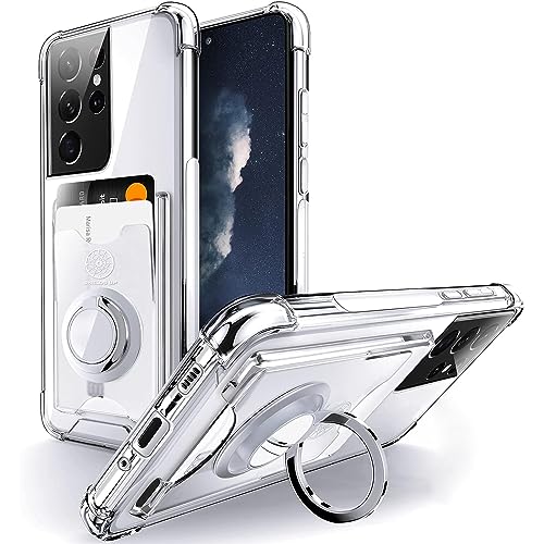 Shields Up for Samsung Galaxy S21 Ultra Case with Card Holder Stand, Clear | Minimalist Wallet Case, 3 Card Slots, 360° Rotation Ring Stand/Kickstand, [Drop Protection] Slim Protective Cover - color: Clear, size: Galaxy S21 Ultra