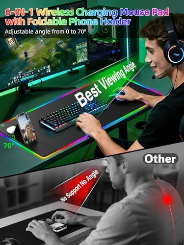 Mouse Pad with Wireless Charger Foldable Phone Holder, XXL RGB Gaming Mousepad 31.5"x15.8" Large Desk Mat for Keyboard, Black Desk Pad with Dual Qi Charging Station, 11 Colors 5 Modes - color: Black-Phone Holder-31.5"x15.8"(with Wall Charger)