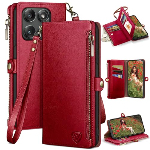 XcaseBar Compatible with ‌Moto Edge 5G 2025 Wallet case with Zipper Credit Card Holder【RFID Blocking】,Flip Folio Book PU Leather Phone case Shockproof Cover Women Men for Mote Edge 2025 case Red - color: Red