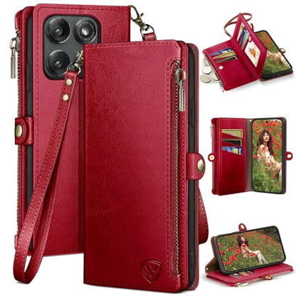 XcaseBar Compatible with ‌Moto Edge 5G 2025 Wallet case with Zipper Credit Card Holder【RFID Blocking】,Flip Folio Book PU Leather Phone case Shockproof Cover Women Men for Mote Edge 2025 case Red - color: Red