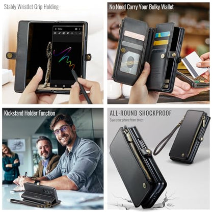 Defencase for Samsung Galaxy Z Fold 6 Wallet Case with Card Holder, Black | Durable Soft PU Leather, RFID Blcking Zipper Pocket, with S-Pen Holder & Strap, Flip Phone Cases with Stand for Women Men - color: Black