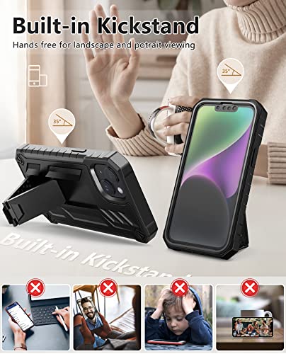 FNTCASE for iPhone 14 Plus Case, Built-in Screen Protector, Kickstand Black | 20FT Military-Grade Drop Protection, Anti-Slip Matte Textured, Rugged Heavy Duty Shockproof TPU Protective Cover - color: Black